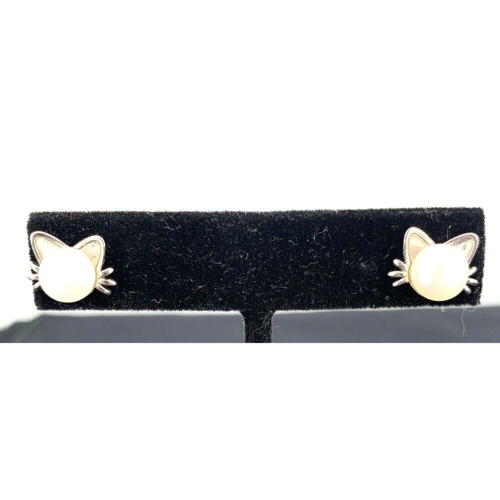 Sterling Silver Earrings Cat Face Pearl Stud 925 Pierced 1/2"